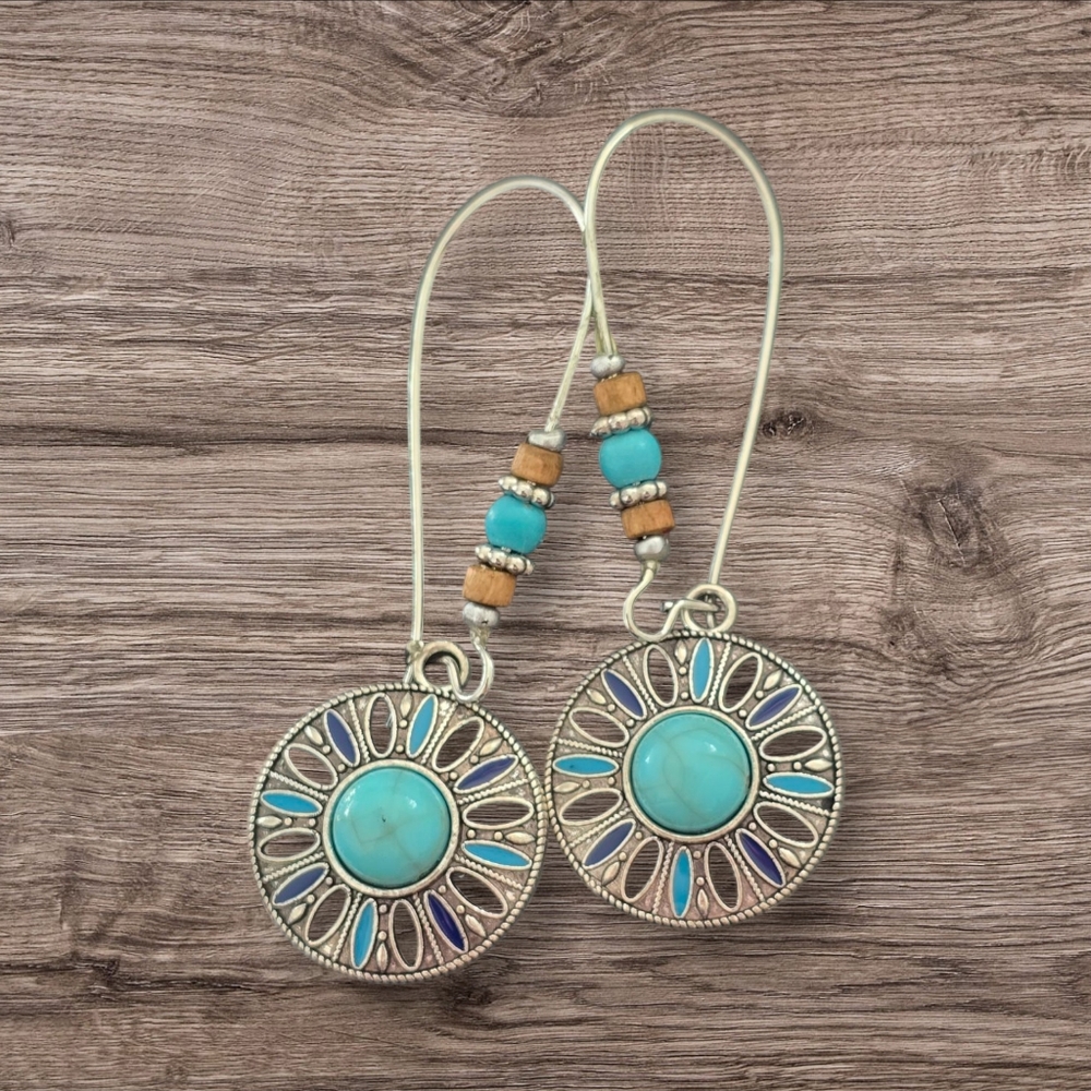 Boho Turquoise Silver Sunburst Earrings with Radiant Design